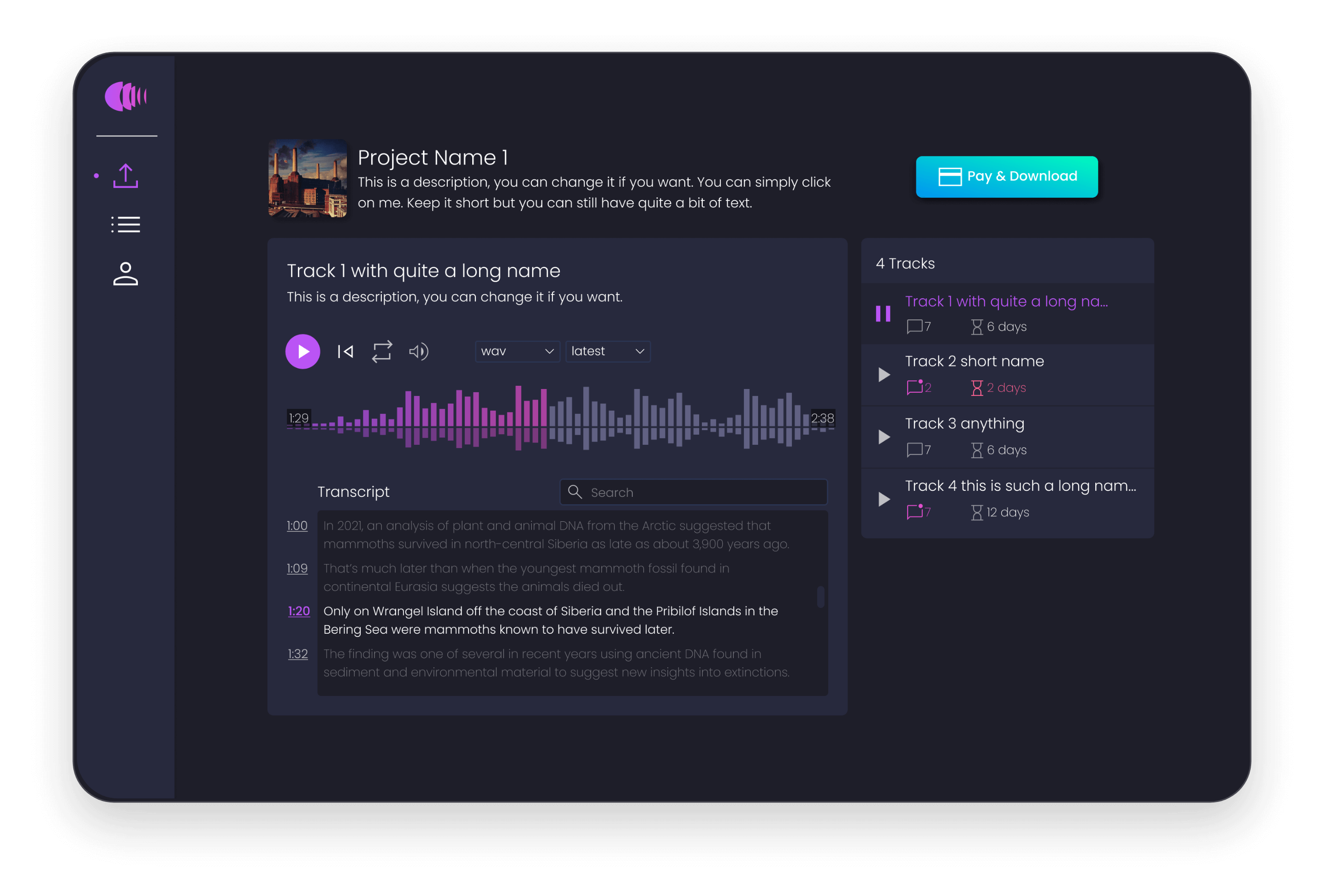 Audio Transcript UI on Desktop or Tablet